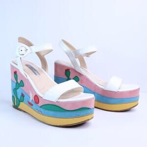 PRADA Southwest Suede Appliqué Platform Sandals Multicolor Wedge Women's 35.5
